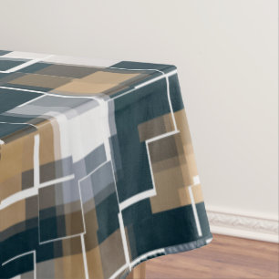 Modern Blue Gold Brown Black White Plaid Tablecloth