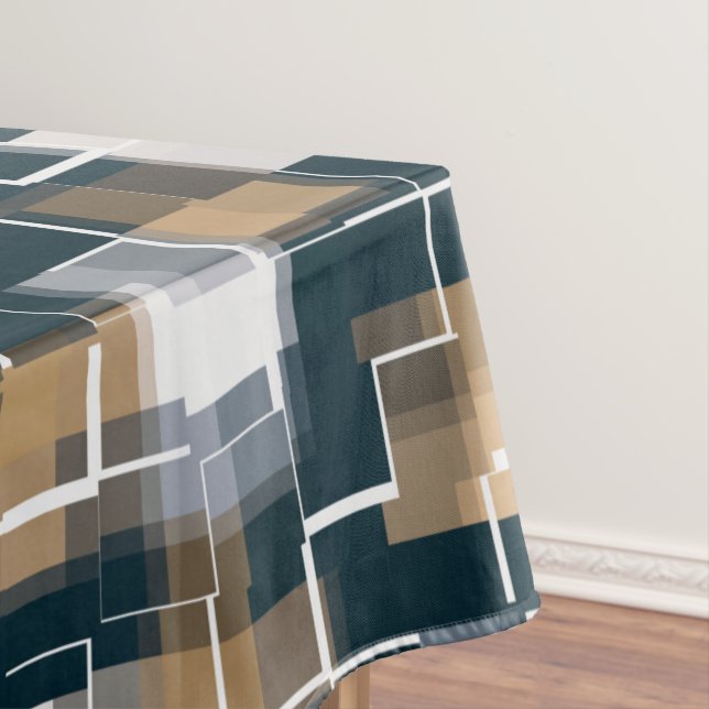 Modern Blue Gold Brown Black White Plaid Tablecloth (In Situ)
