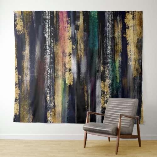 Modern Blue Gold Brushstrokes Abstract Painting Tapestry