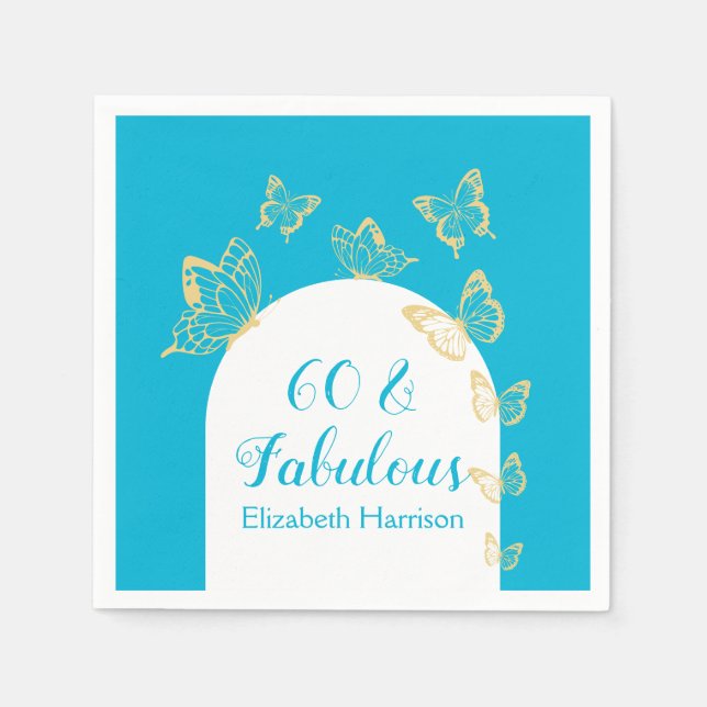 Modern Blue Gold Butterflies Fabulous Birthday Napkins (Front)