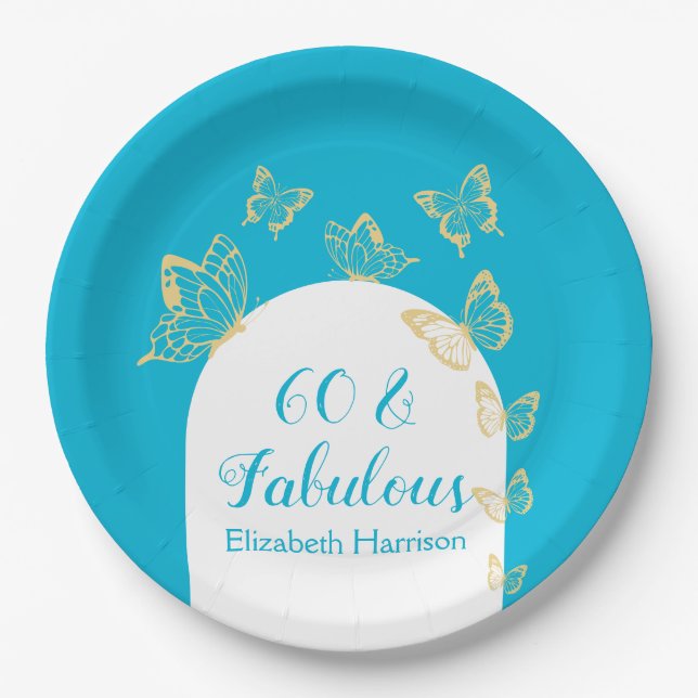 Modern Blue Gold Butterflies Fabulous Birthday Paper Plates (Front)