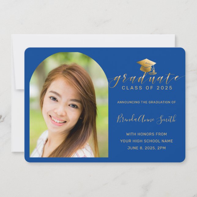 Modern Blue Gold Cap Script Arch Photo Graduation Announcement (Front)