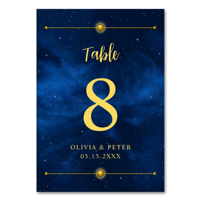 Modern, Blue, Gold, Celestial, Minimalist Table Nu Number (Front)