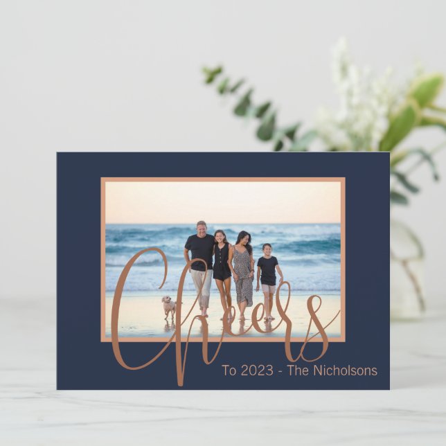 Modern Blue & Gold Cheers New Year Calendar Photo Holiday Card (Standing Front)
