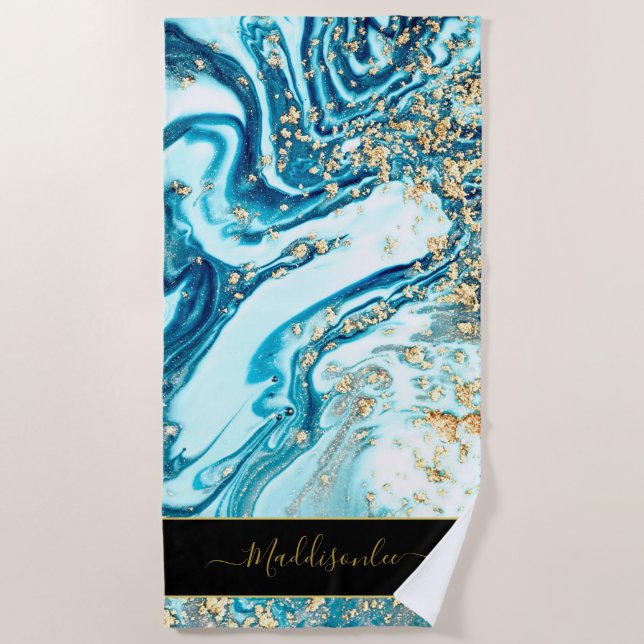 Modern Blue Gold Chic Marble Agate Monogram Name Beach Towel (Front)