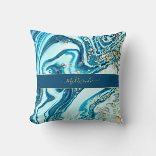 Modern Blue Gold Chic Marble Agate Monogram Name Throw Pillow