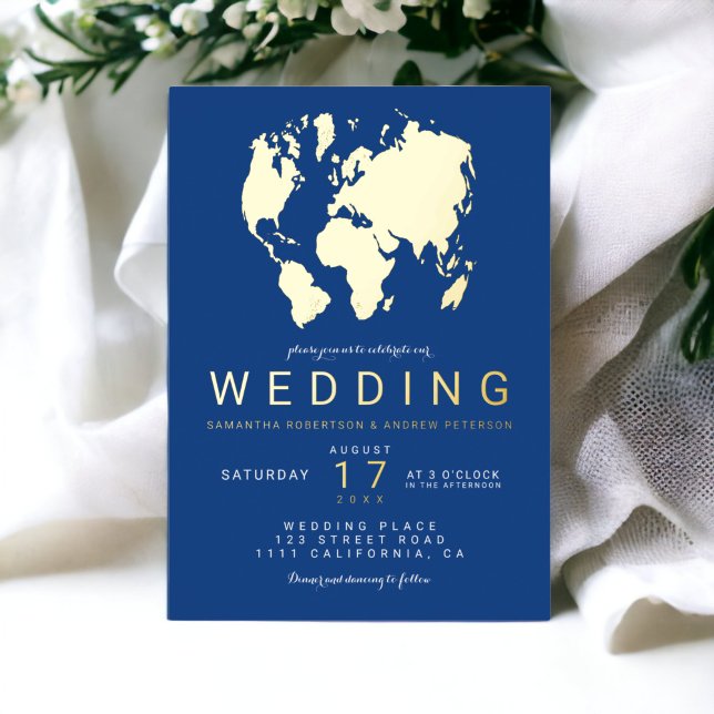 Modern blue gold chic world map wedding photo foil invitation (Modern blue gold chic world map wedding photo foil invitation)
