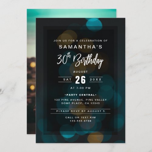 Modern Blue  Gold City Lights 30th Birthday Photo Invitation
