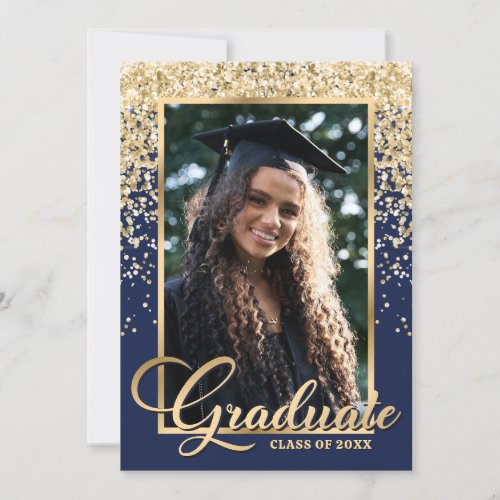 Modern Blue Gold Confetti Photo Graduation Party Invitation