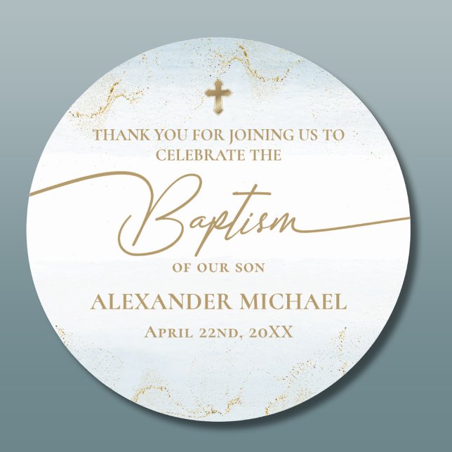 Modern Blue Gold Cross Boy Baptism Classic Round Sticker (Creator Uploaded)