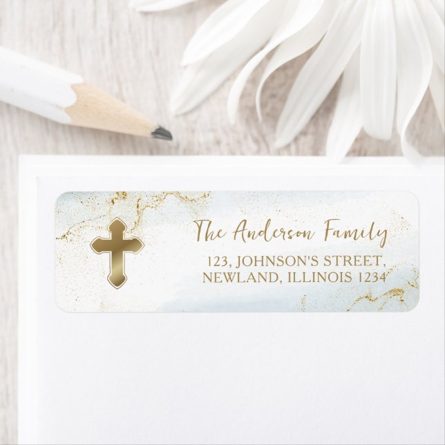 Modern Blue Gold Cross Boy Baptism Label (Insitu)