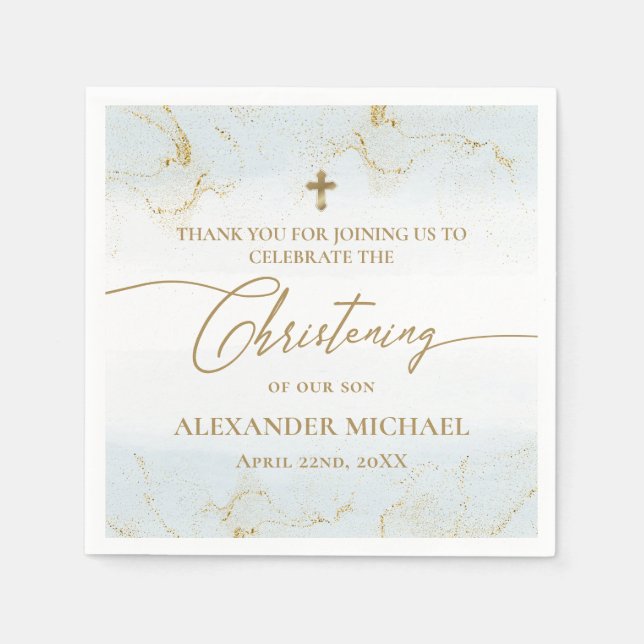 Modern Blue Gold Cross Boy Christening Napkins (Front)