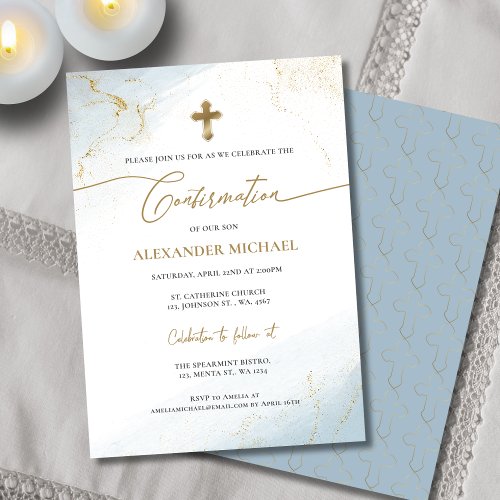 Modern Blue Gold Cross Boy Confirmation 
