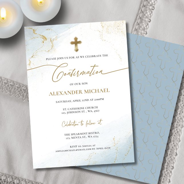 Modern Blue Gold Cross Boy Confirmation  Invitation (Creator Uploaded)