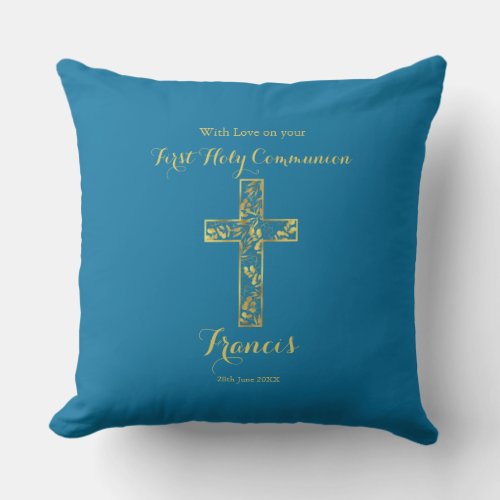 Modern blue gold cross boys communion throw pillow