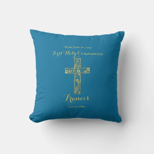 Modern blue gold cross boys communion throw pillow