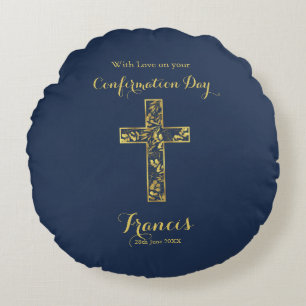 Modern blue gold cross boys confirmation   round pillow