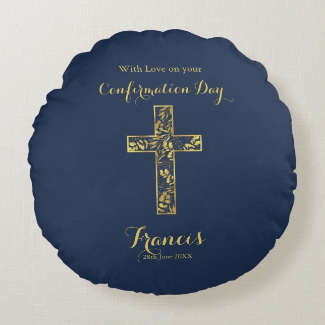 Modern blue gold cross boys confirmation   round pillow (Front)