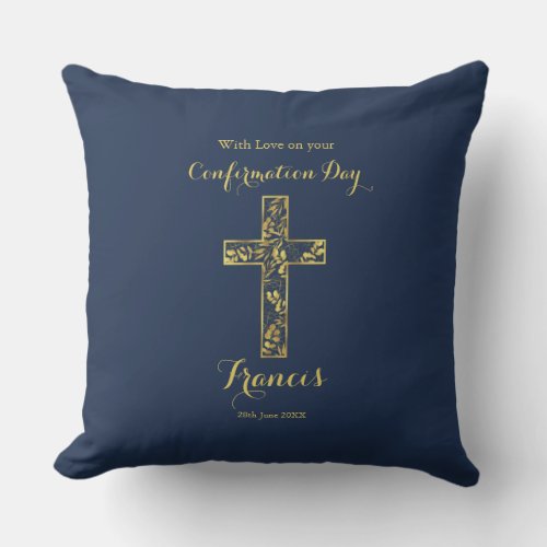 Modern blue gold cross boys confirmation throw pillow