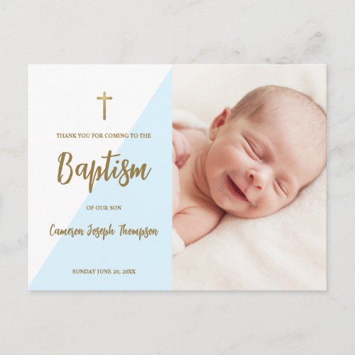Modern Blue Gold cross Custom Baby Boy Baptism  Postcard