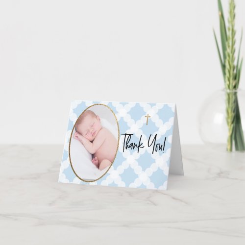 Modern Blue Gold Cross Custom Photo Baptism Thank You Card