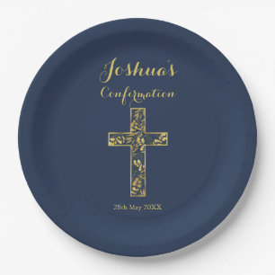 Modern blue gold cross name boy confirmation paper plates