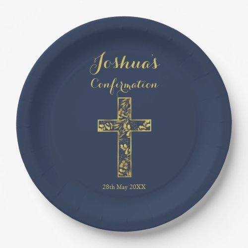 Modern blue gold cross name boy confirmation