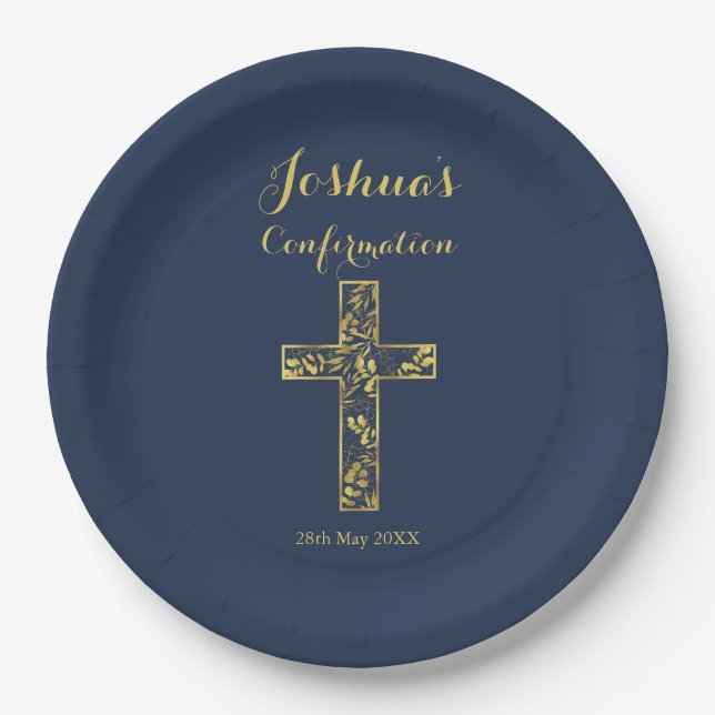 Modern blue gold cross name boy confirmation paper plates (Front)