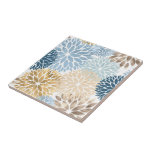 Modern Blue Gold Dahlia Floral Ceramic Tile