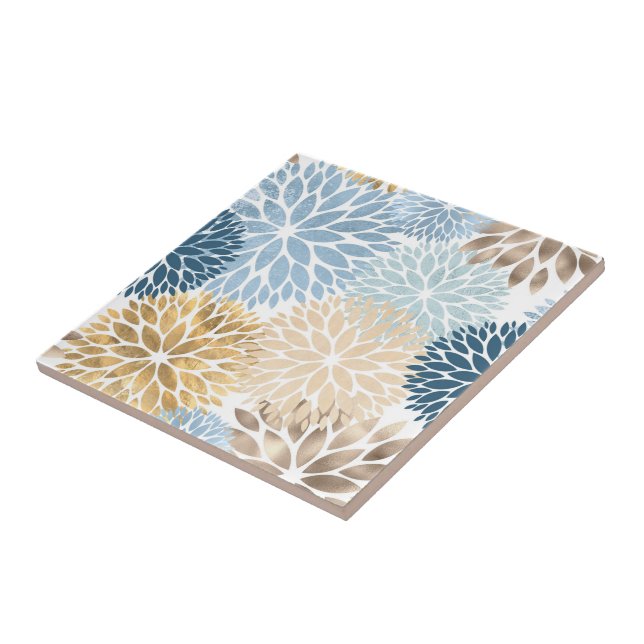 Modern Blue Gold Dahlia Floral Ceramic Tile (Side)