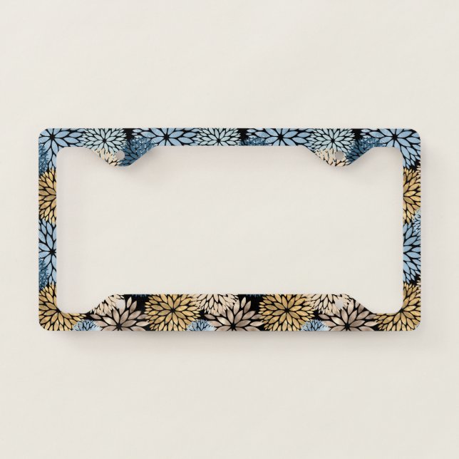 Modern Blue Gold Dahlia Floral License Plate Frame (Front)