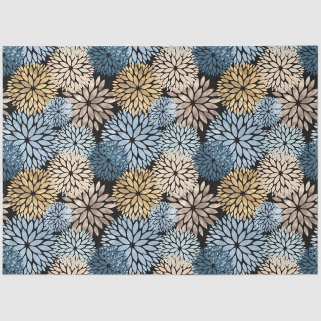 Modern Blue Gold Dahlia Floral Tissue Paper (Front)