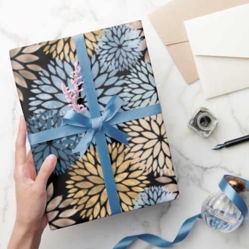 Modern Blue Gold Dahlia Floral Wrapping Paper