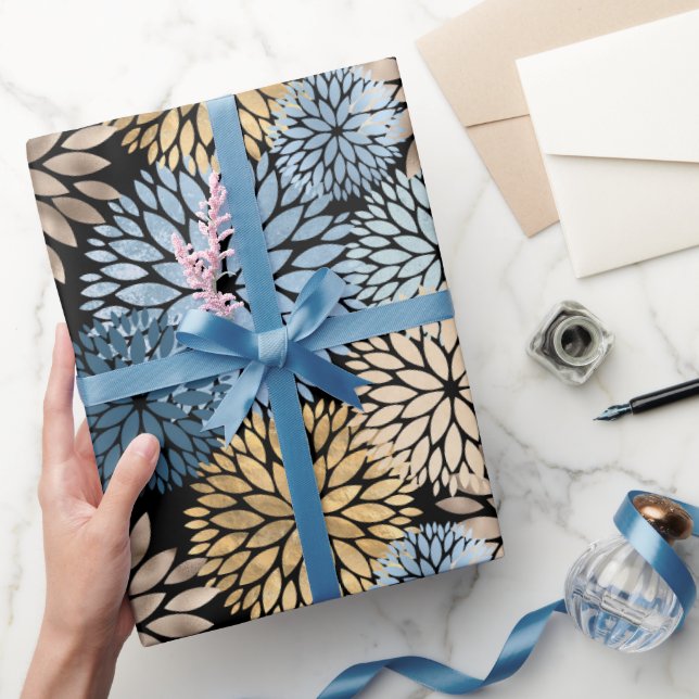 Modern Blue Gold Dahlia Floral Wrapping Paper (Gifting)