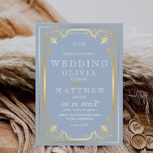 Modern Blue Gold Elegant Ornate Romantic Wedding Invitation