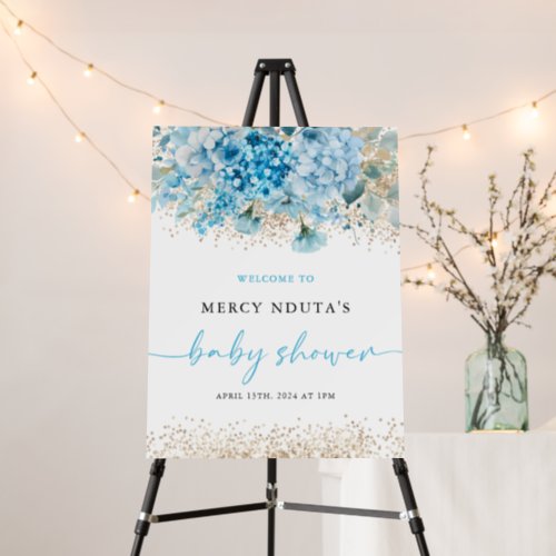 Modern Blue Gold Floral Baby Shower Welcome Sign