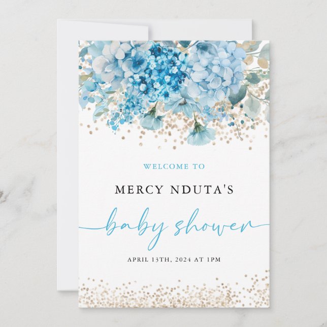 Modern Blue Gold Floral Baby Shower Welcome Sign Invitation (Front)