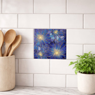 Modern Blue Gold Floral Pattern Ceramic Tile