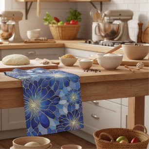 Modern Blue Gold Floral Pattern Kitchen Towel