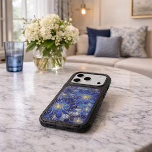 Modern Blue Gold Floral Pattern iPhone 17 Pro Case