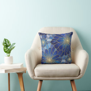 Modern Blue Gold Floral Pattern Throw Pillow