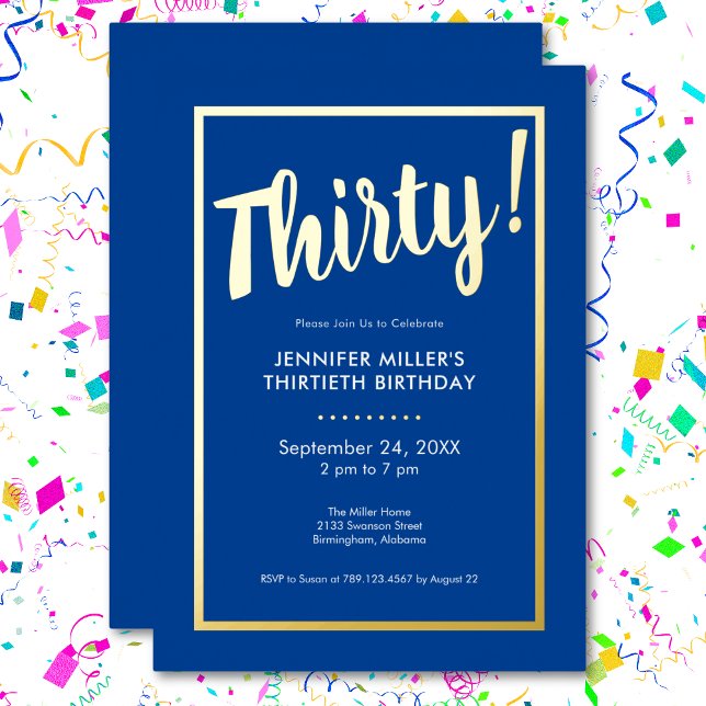 Modern Blue & Gold Foil 30th Birthday Invitation (Modern Blue & Gold Foil 30th Birthday Foil Invitation)