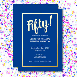 Modern Blue & Gold Foil 50th Birthday Invitation