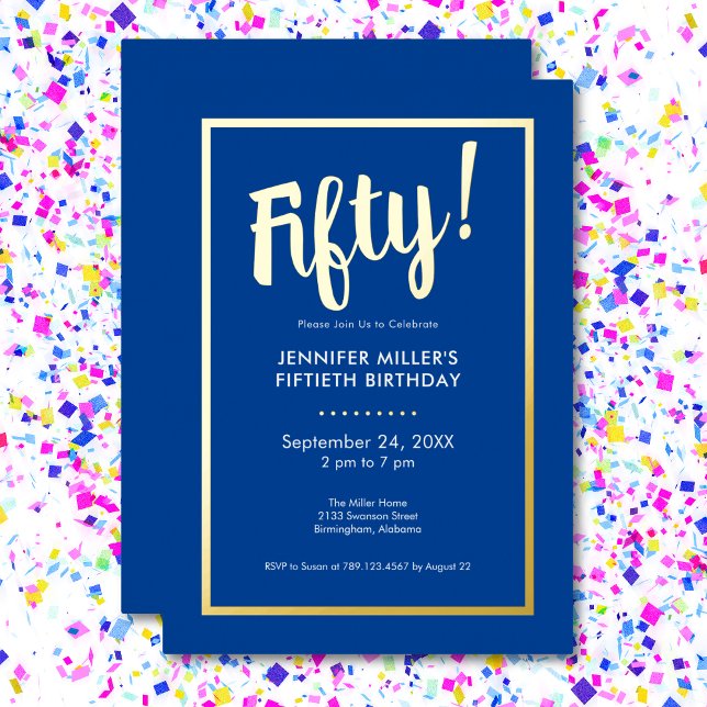 Modern Blue & Gold Foil 50th Birthday Invitation (Modern Blue & Gold Foil 50th Birthday Foil Invitation)