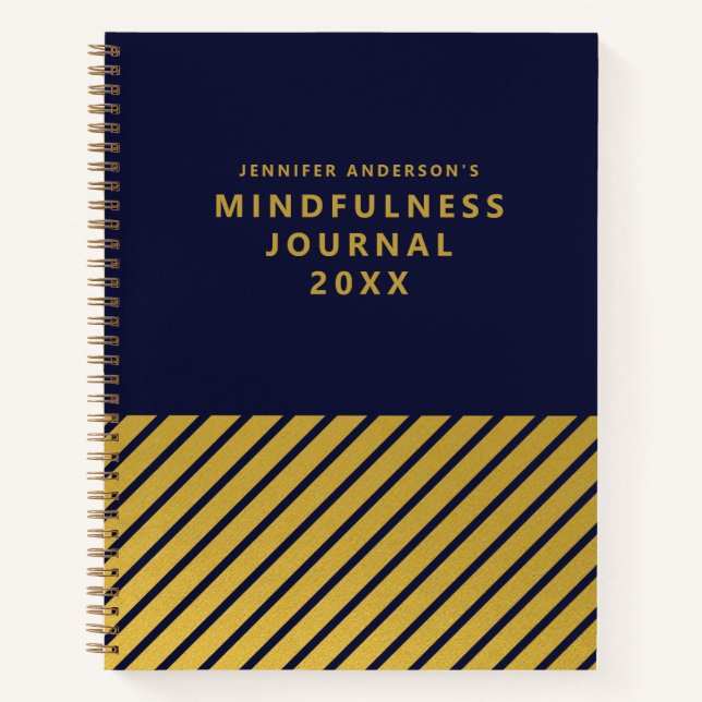 Modern Blue Gold Foil Stripes Mindfulness Journal (Front)