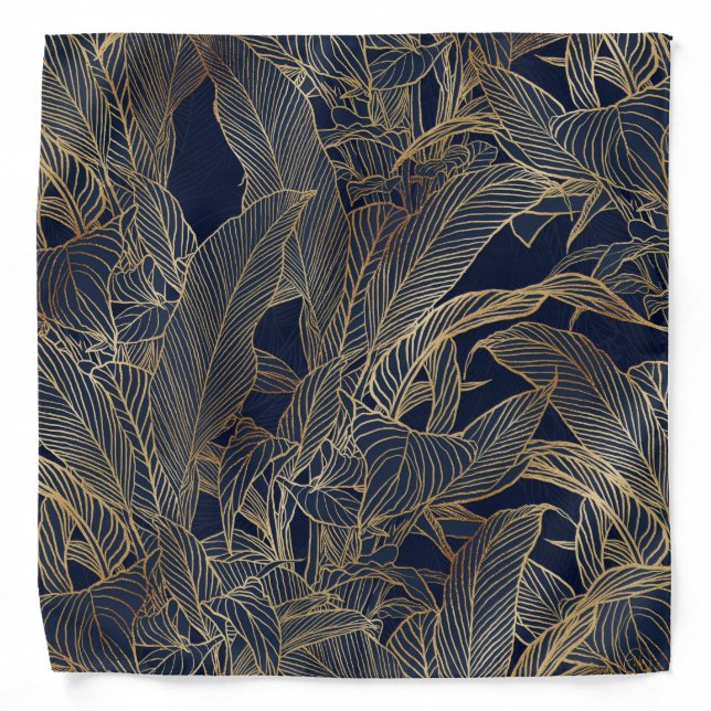 Modern Blue Gold Foliage Plant Botanical Design Bandana (Front)