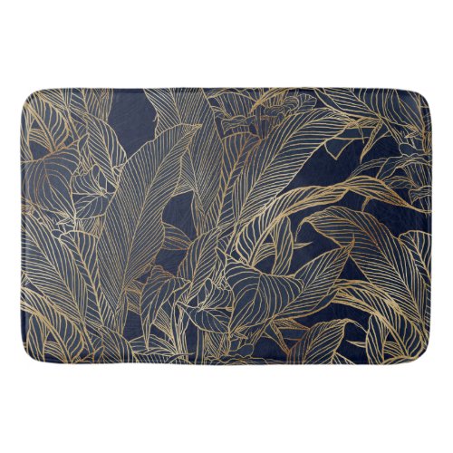 Modern Blue Gold Foliage Plant Botanical Design Bath Mat