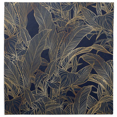Modern Blue Gold Foliage Plant Botanical Design Cloth Napkin