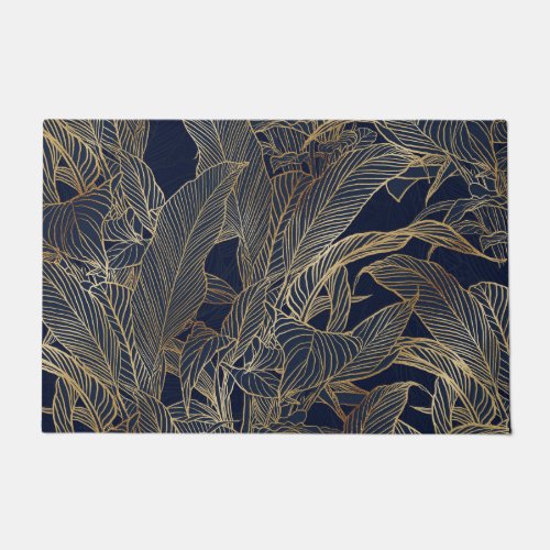 Modern Blue Gold Foliage Plant Botanical Design Doormat