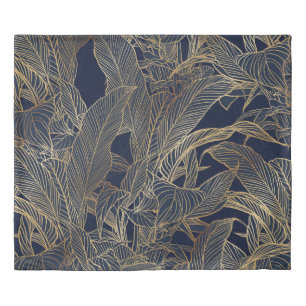 Modern Blue Gold Foliage Plant Botanical Design Duvet Cover